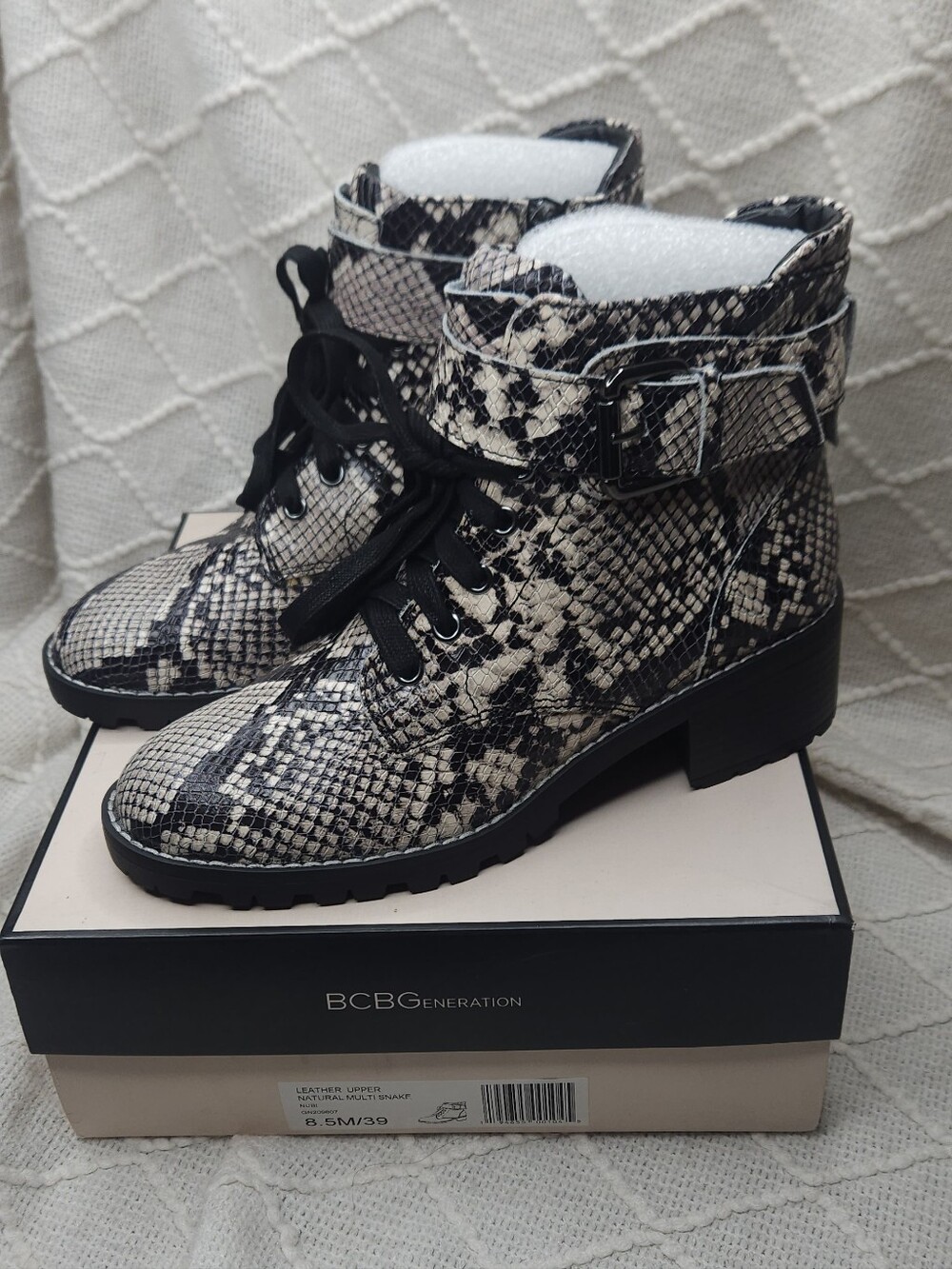 BCBGeneration Snake-Print Lace-Up Ankle Boots in Black & Cream NWT